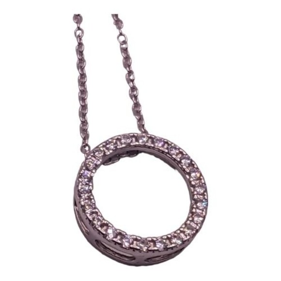 925 Halo CZ Cubic Zirconia Pendant Necklace 16" with 2" ext Open Circle Sterling - Picture 8 of 12